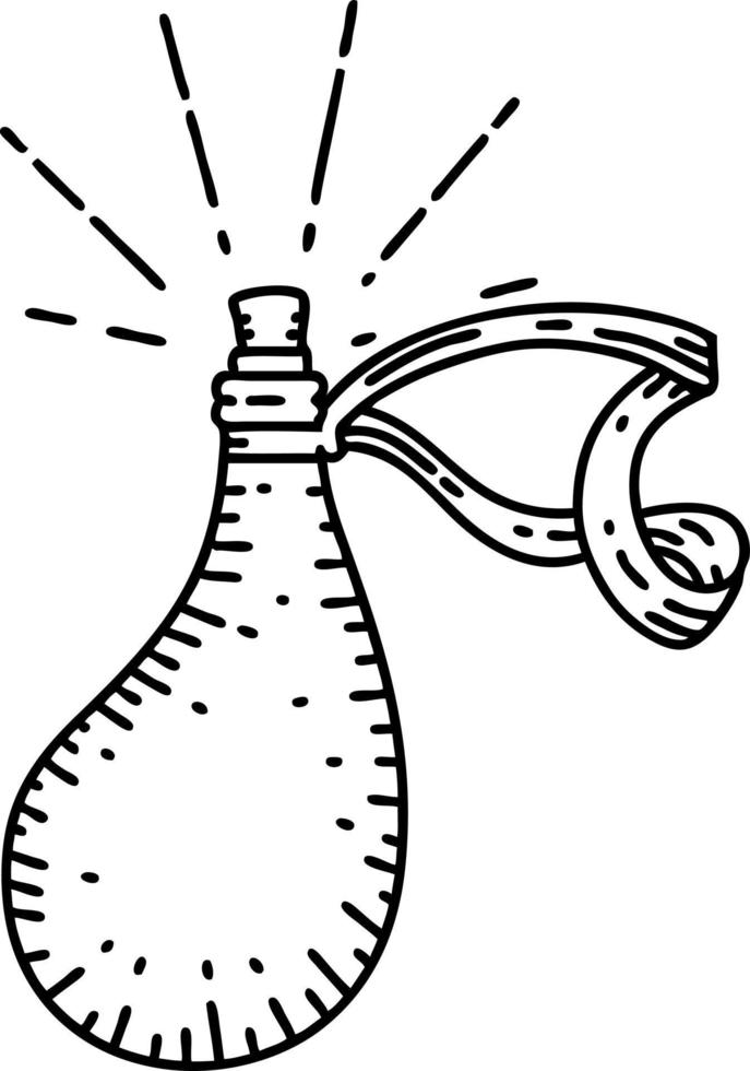 ilustração de uma garrafa de água de couro velha estilo de tatuagem de trabalho de linha preta tradicional vetor
