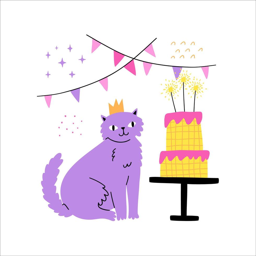 cartaz infantil festa de aniversário gato bonito com bolo na mão desenhada estilo plano. ilustração vetorial. vetor