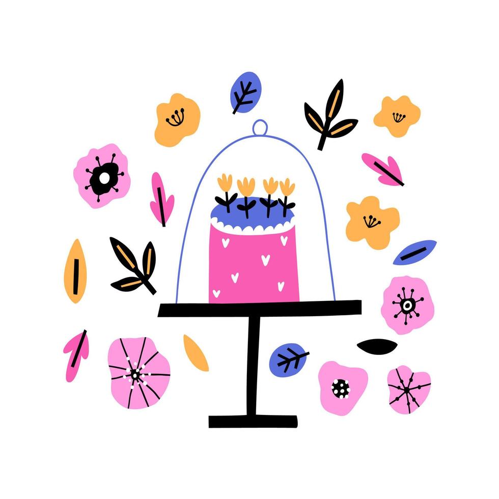 pôster infantil com bolo de aniversário. flores, folhas. ilustração vetorial. vetor