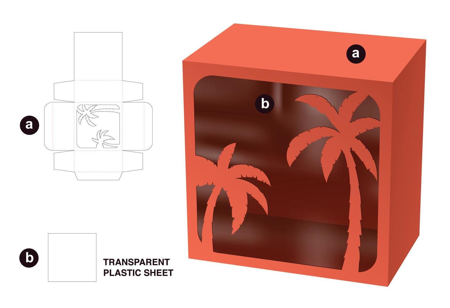 caixa com modelo de recorte de janela de palma estampada e maquete 3d vetor