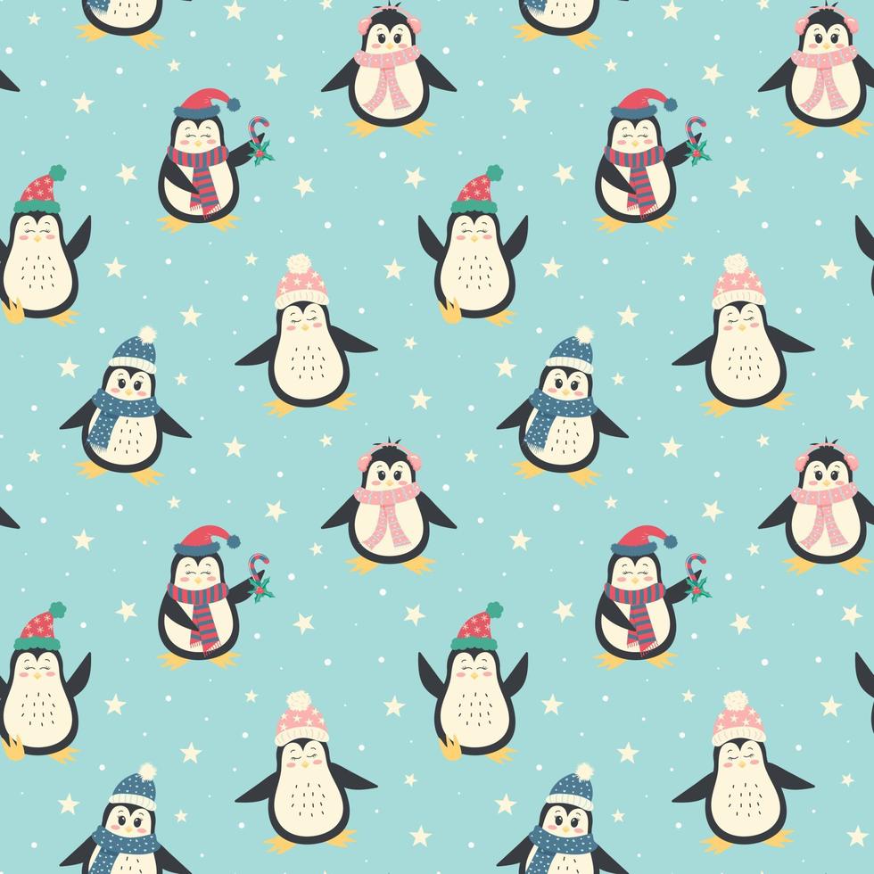 padrão sem emenda de pinguins de inverno bonito. personagens de natal em roupas quentes. vetor