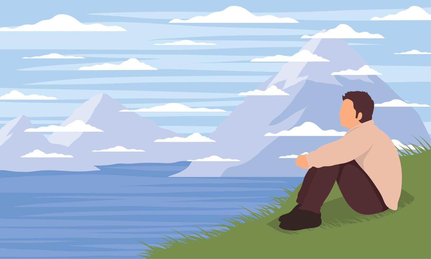 viajante masculino sentado no lago vetor