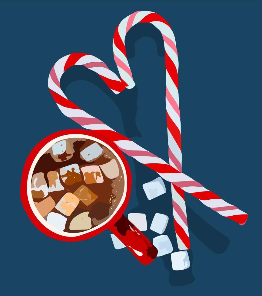 bastões de doces vermelhos e brancos e um copo de chocolate quente para o inverno e marshmallows brancos vetor