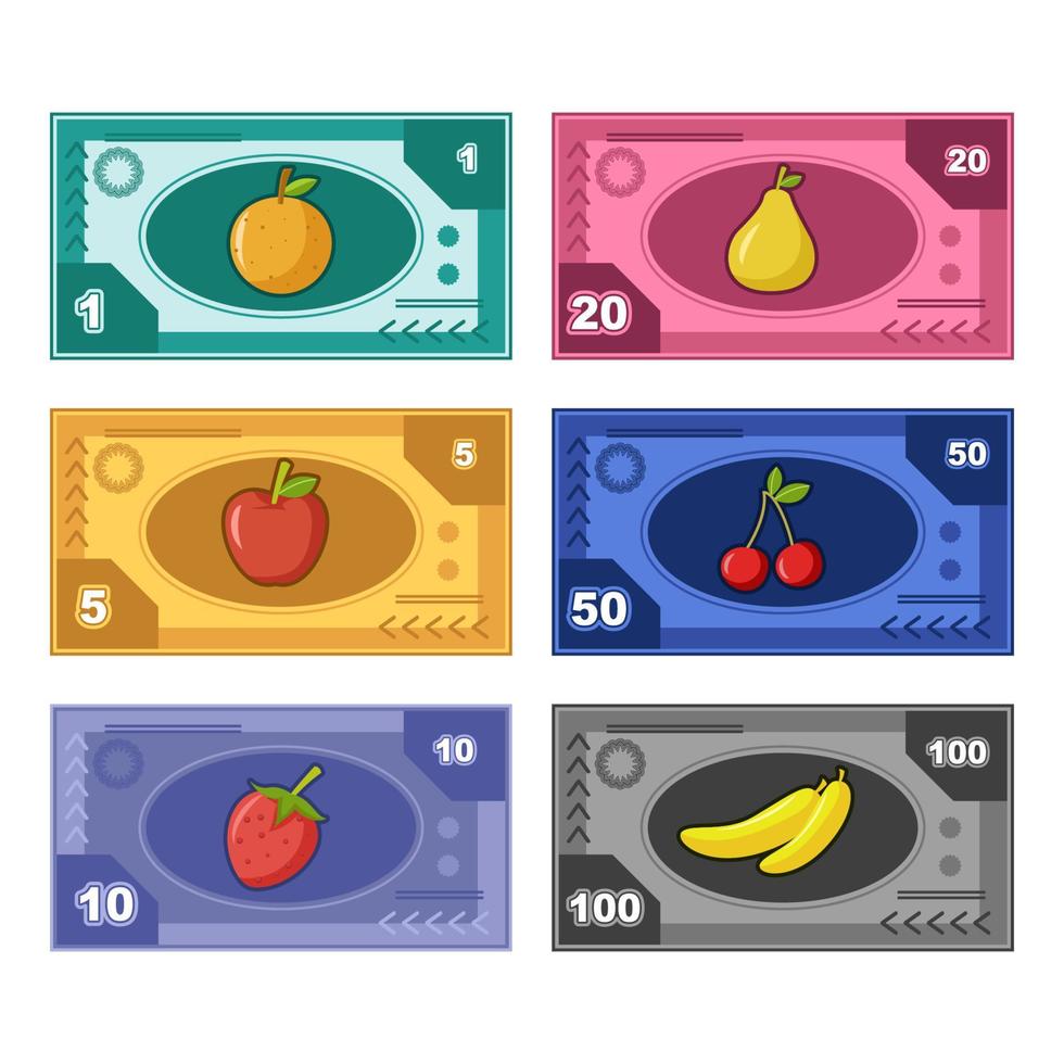 coleção de dinheiro de papel falso com conceito de frutas vetor