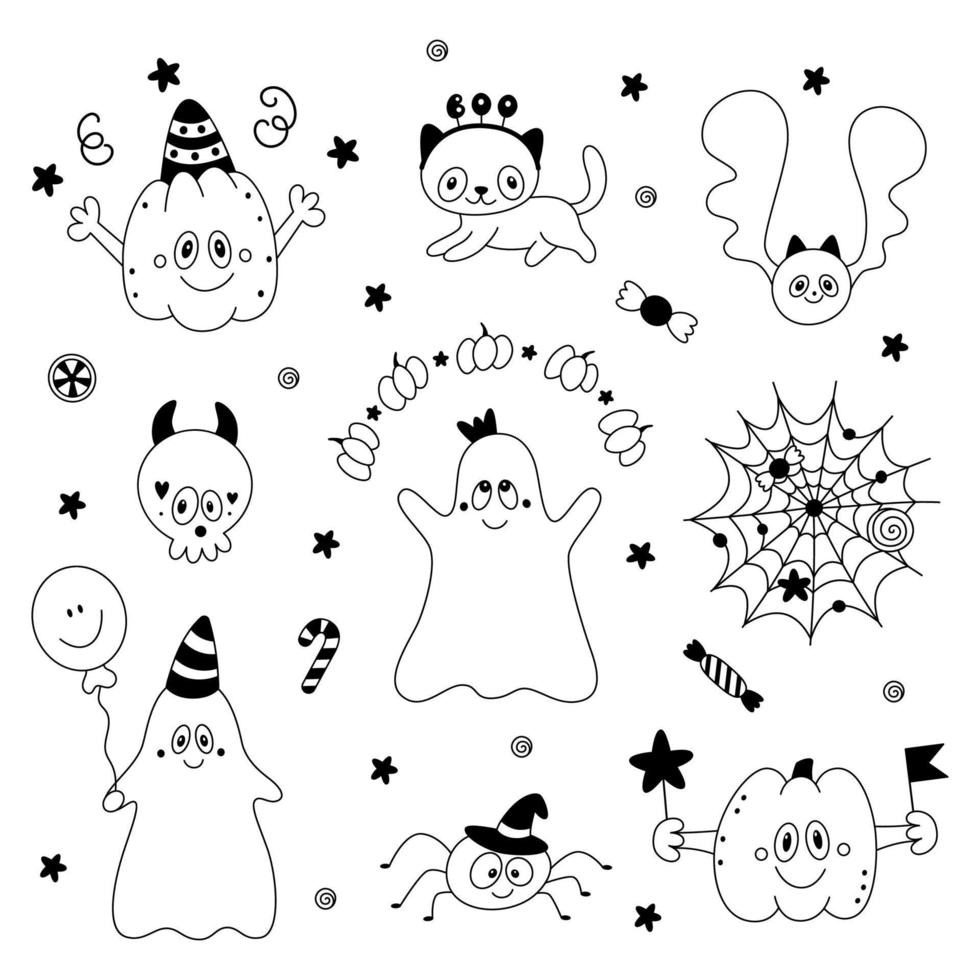 conjunto de doodle infantil fofo elementos de design de halloween abóbora fantasma gato morcego teia de aranha crânio vetor