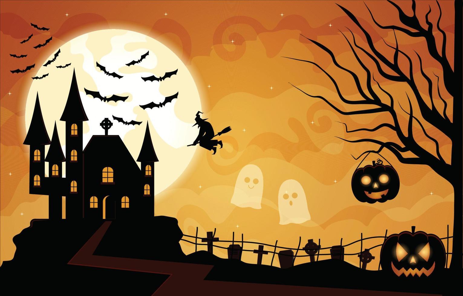 doces ou travessuras com castelo assustador, morcegos e abóbora de halloween vetor