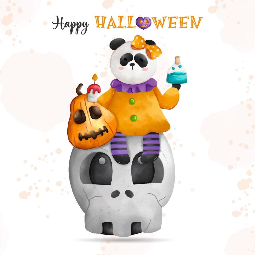 ilustração de composições de animais de halloween. bruxa panda no crânio. feriado animal do dia das bruxas vetor