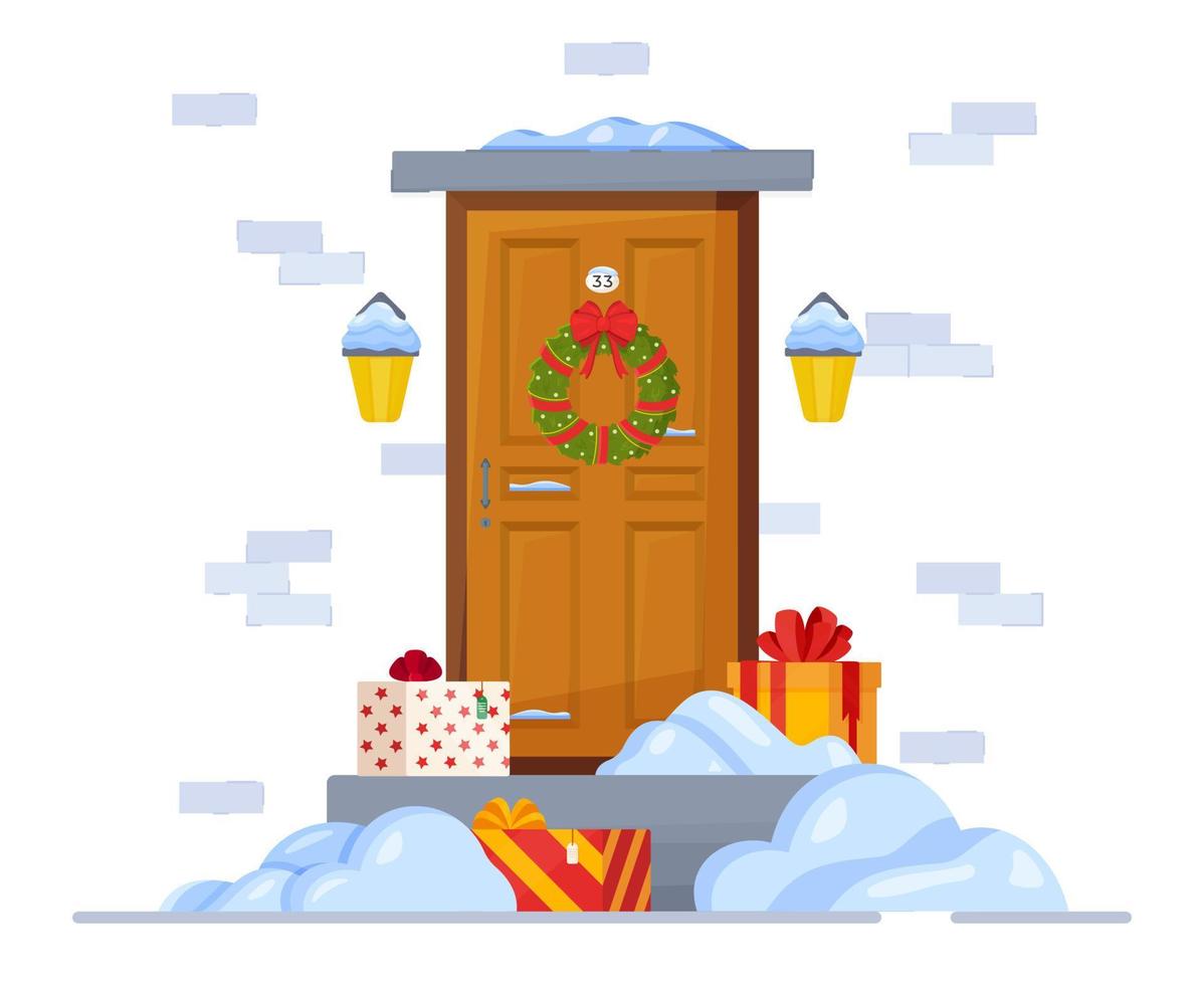 ilustração em vetor de uma porta de Papai Noel. conceito de porta com coroa e outras decorações.