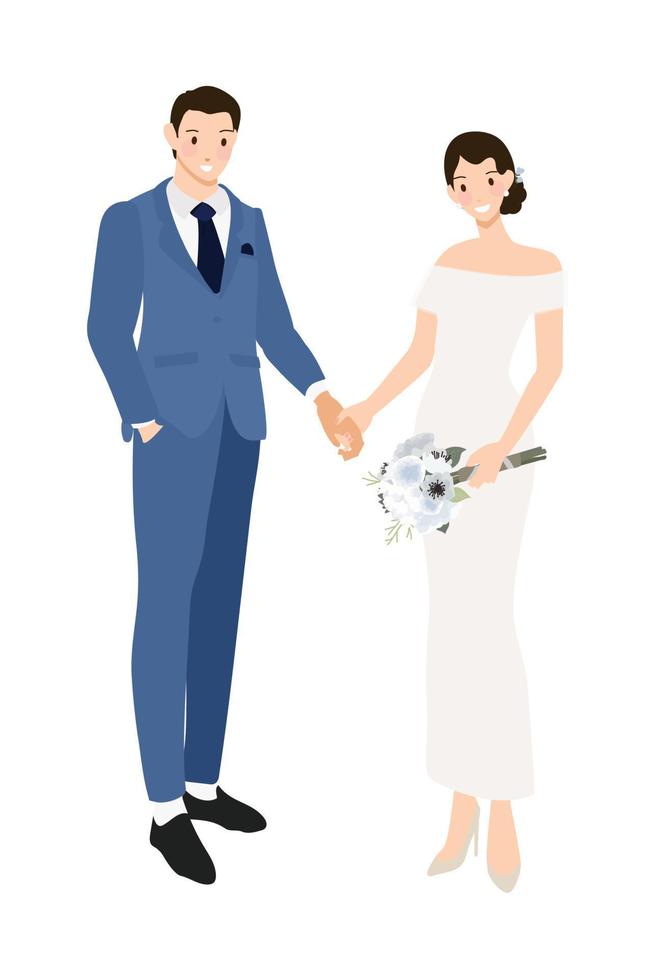 casal de noivos de mãos dadas em terno azul marinho formal e vestido estilo simples vetor