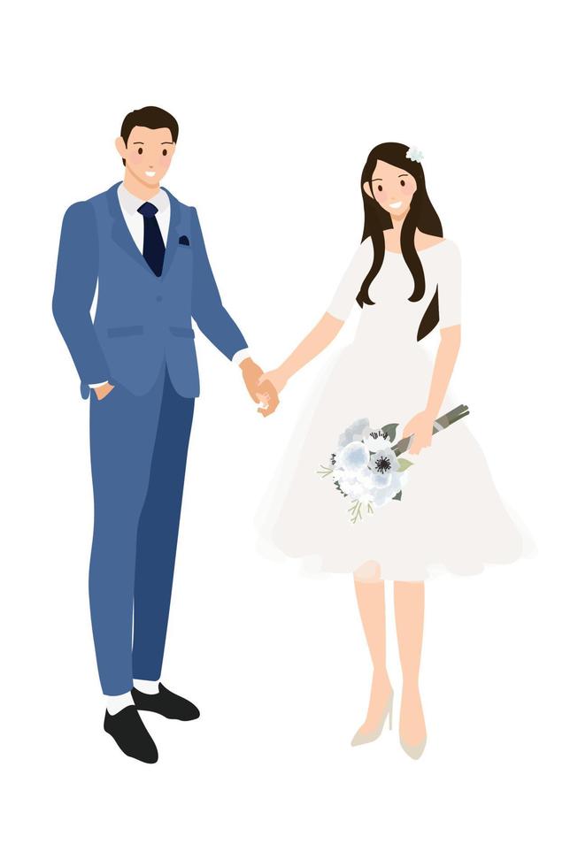 casal de noivos de mãos dadas em terno azul marinho formal e vestido estilo plano ilustração de vetores eps10