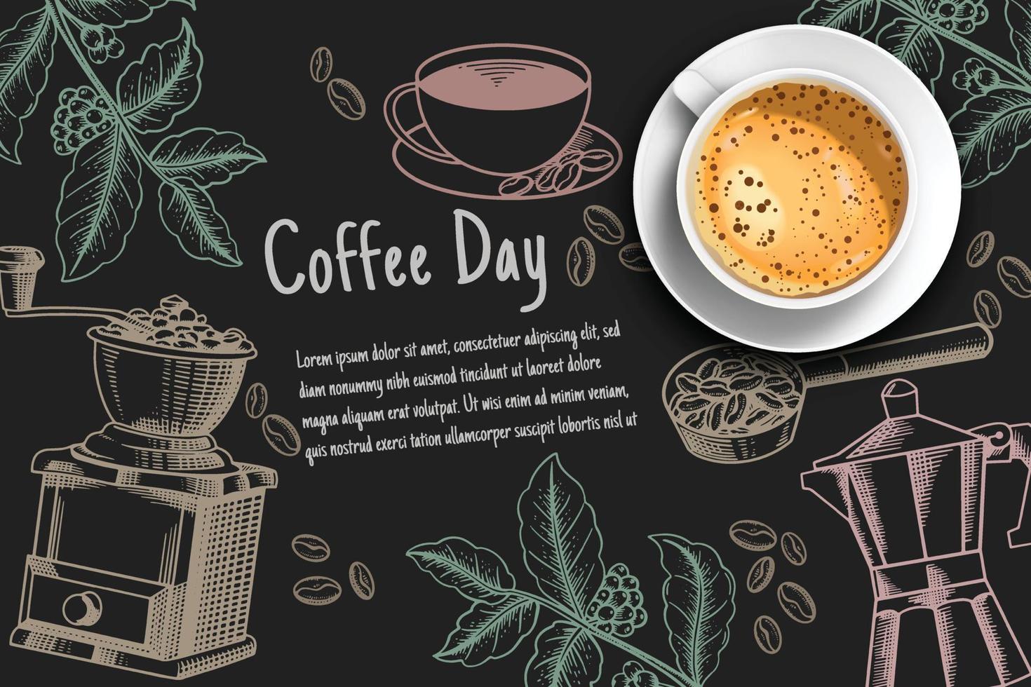 xícara de café em rabiscos de giz colorido de quadro-negro, estilo retro da ilustração de fundo de xícara de café realista superior view.3d. vetor