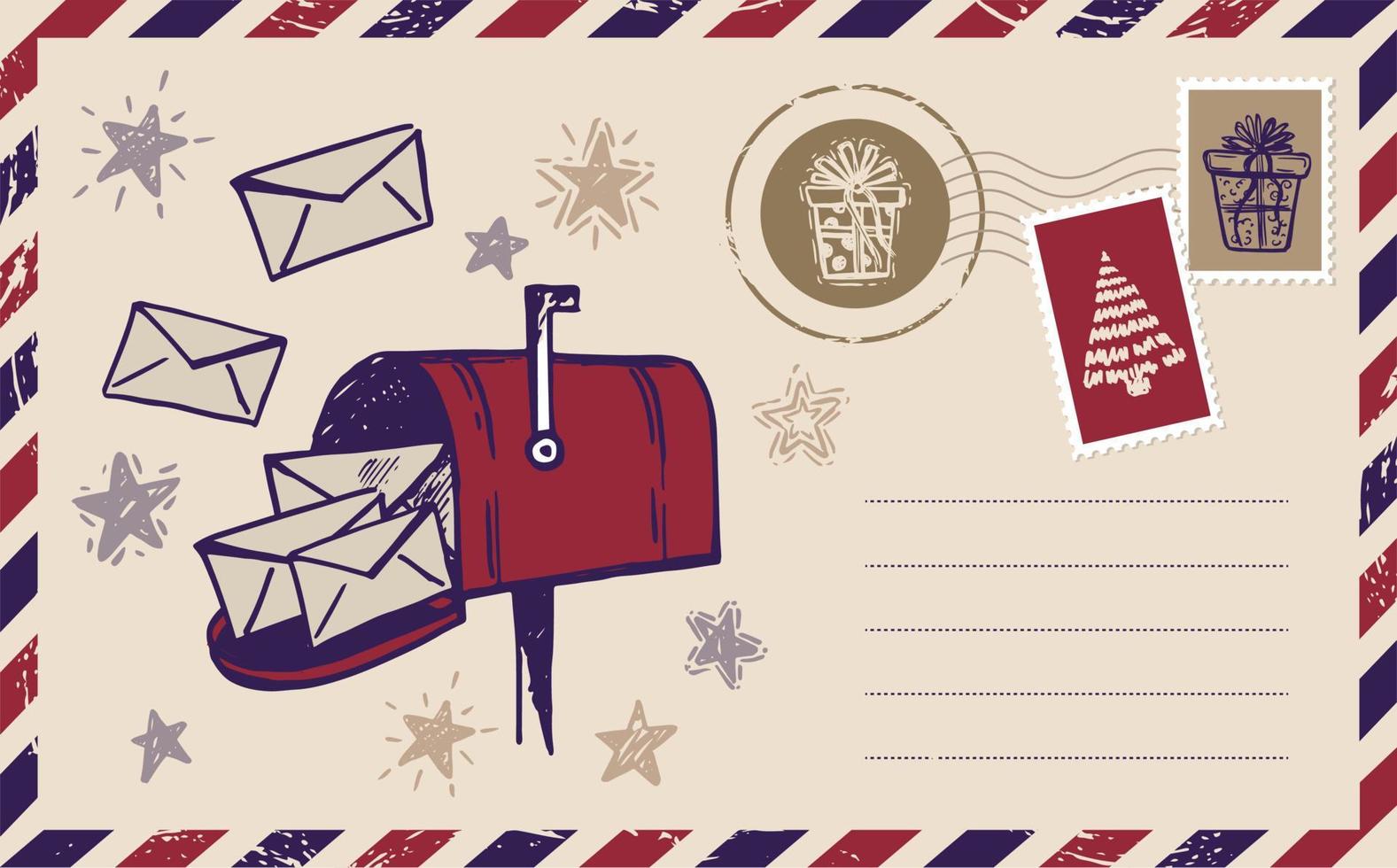 correio de natal, cartão postal, ilustração desenhada à mão. vetor