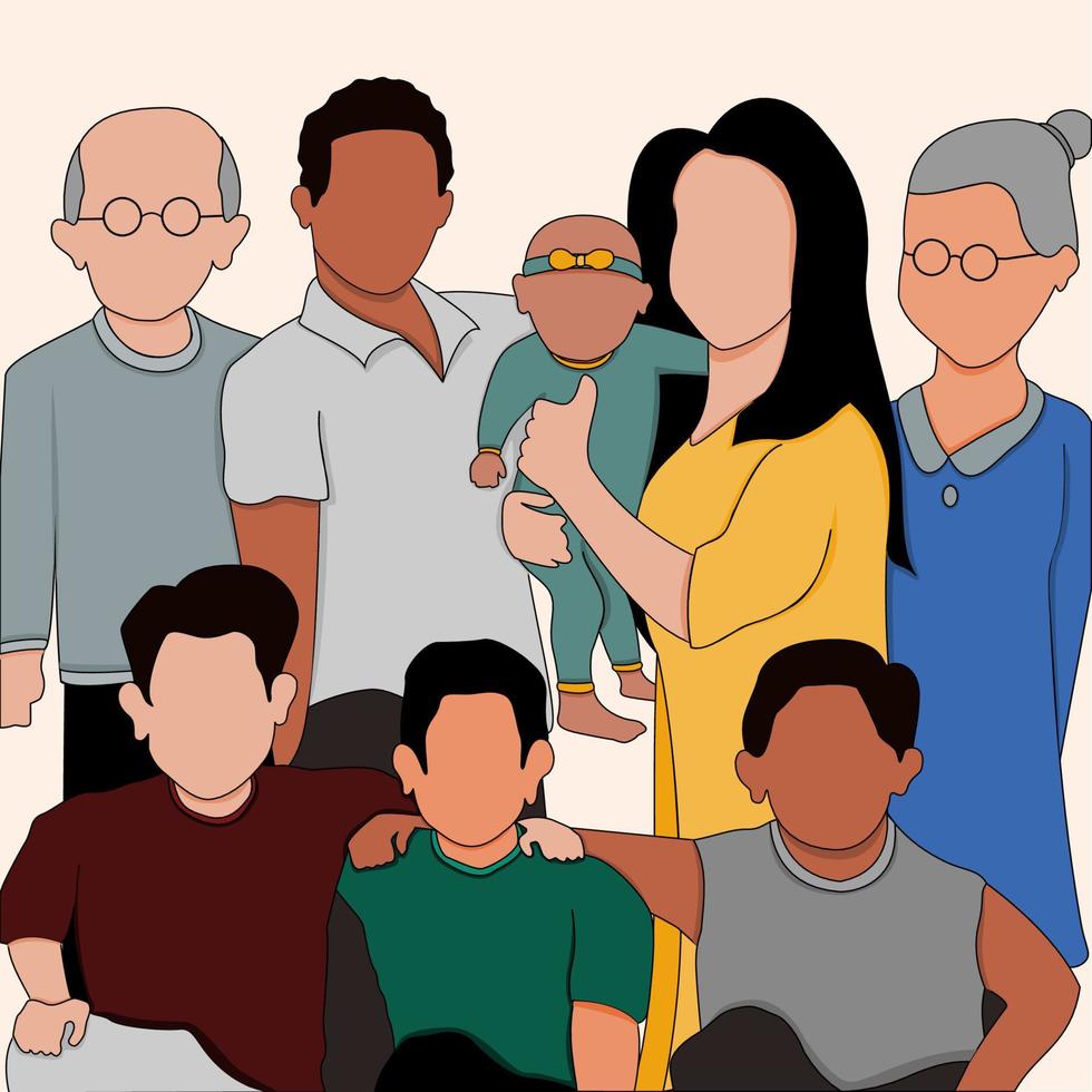 ilustração vetorial de família interracial de avô, avó, pai, mãe, filhos e netos de cor de pele vetor