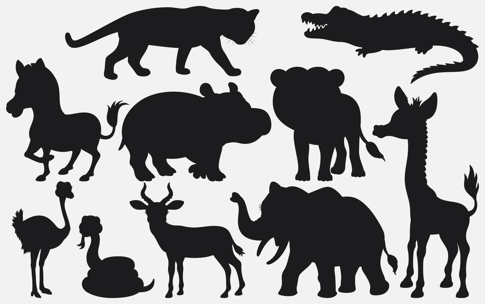 conjunto de desenhos animados de animais selvagens de silhuetas negras em fundo branco vetor