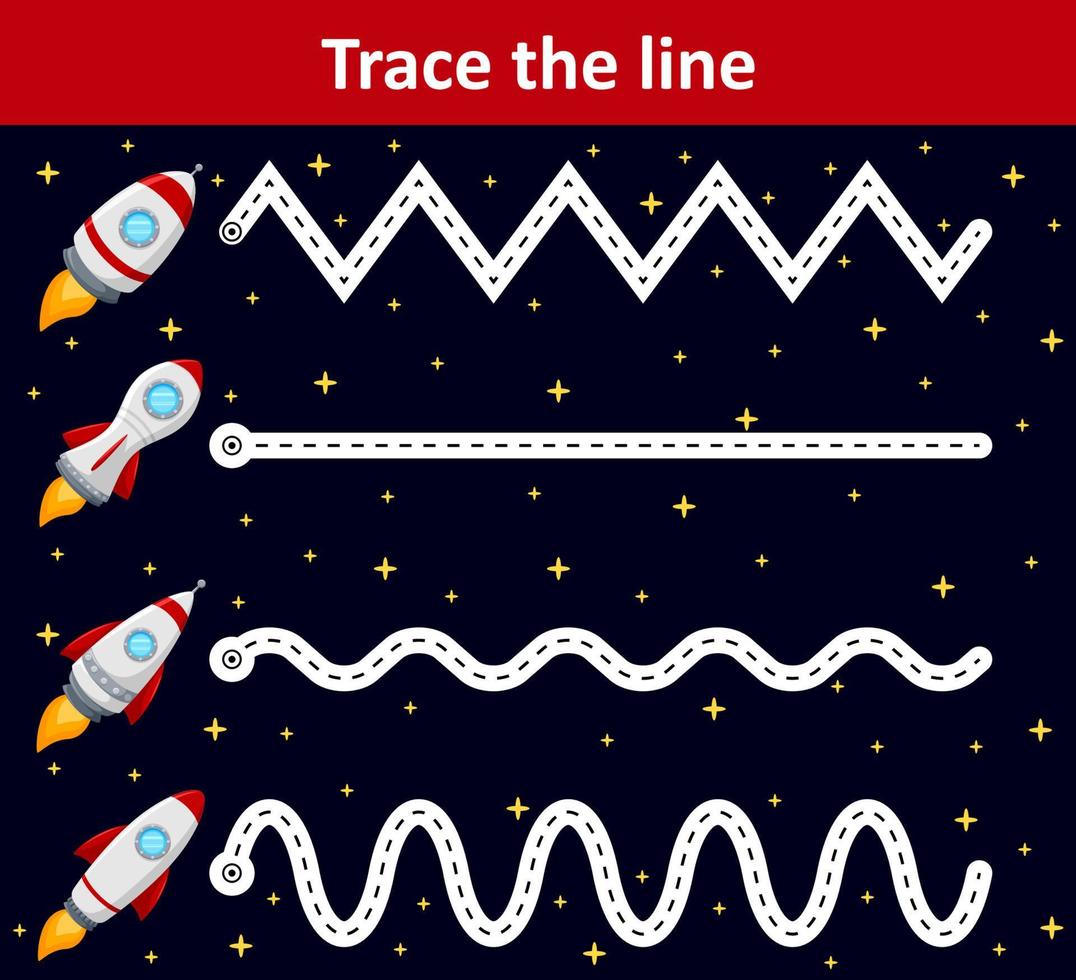 planilha de linha de rastreamento para crianças pré-escolares com foguetes vetor