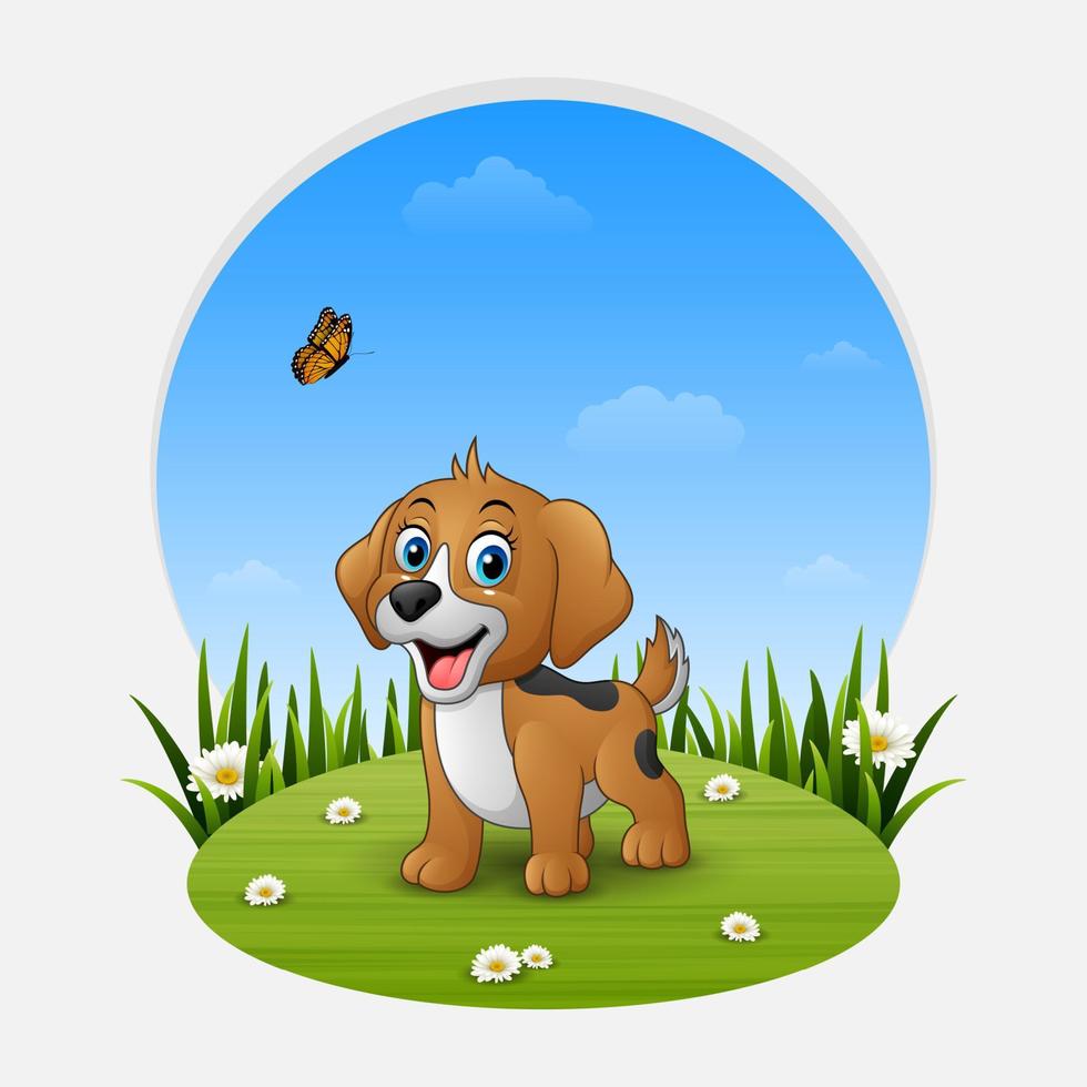 cachorro feliz dos desenhos animados na grama vetor