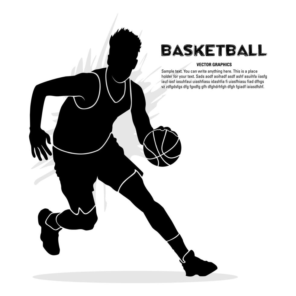 silhueta de jogador de basquete masculino correndo com bola isolada no fundo branco vetor