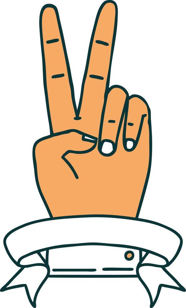 estilo de tatuagem retrô paz gesto de mão com dois dedos com banner vetor