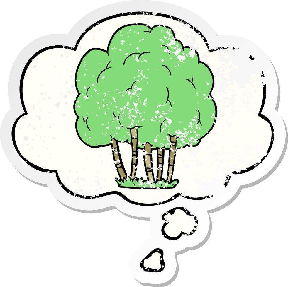 árvore de desenho animado e balão de pensamento como um adesivo desgastado vetor