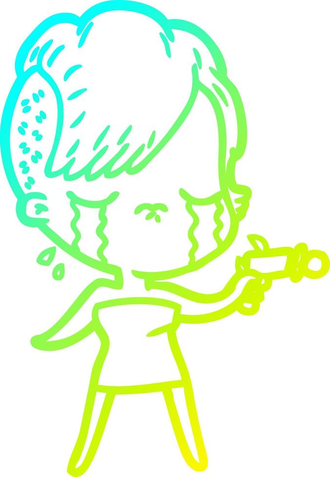 desenho de linha de gradiente frio desenho animado menina chorando apontando arma de raio vetor