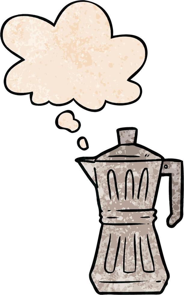 máquina de café expresso de desenho animado e balão de pensamento no estilo de padrão de textura grunge vetor