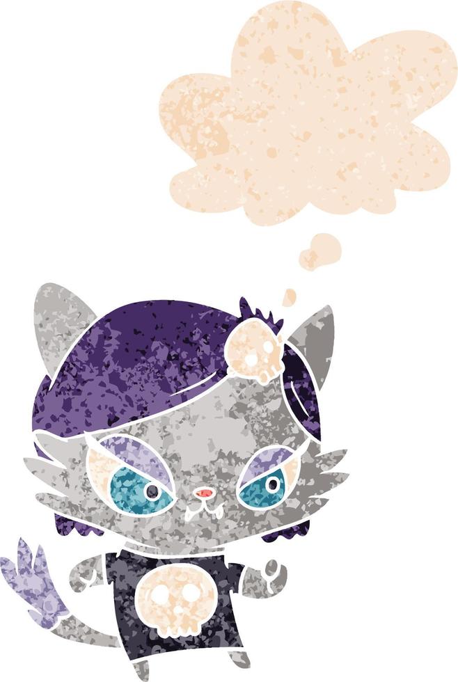 garota de gato duro de desenho animado e balão de pensamento em estilo retrô texturizado vetor