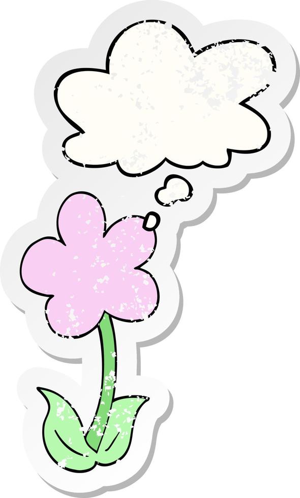 flor de desenho animado bonito e balão de pensamento como um adesivo desgastado vetor