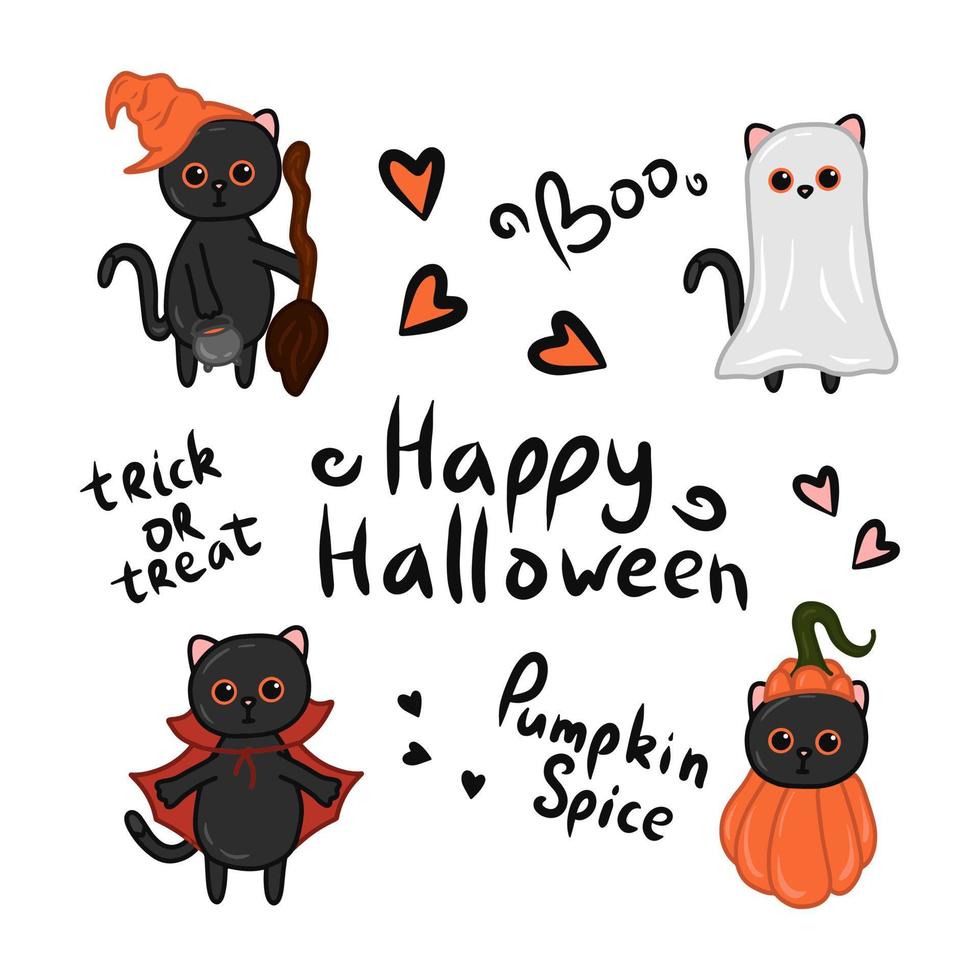 gato kawaii de halloween com ilustração vetorial de fantasia vetor