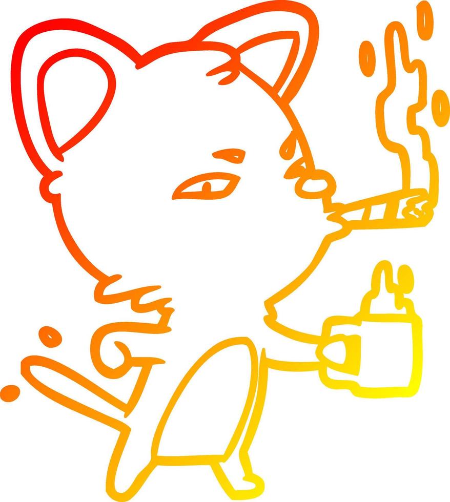 linha de gradiente quente desenhando gato de negócios sério com café e charuto vetor