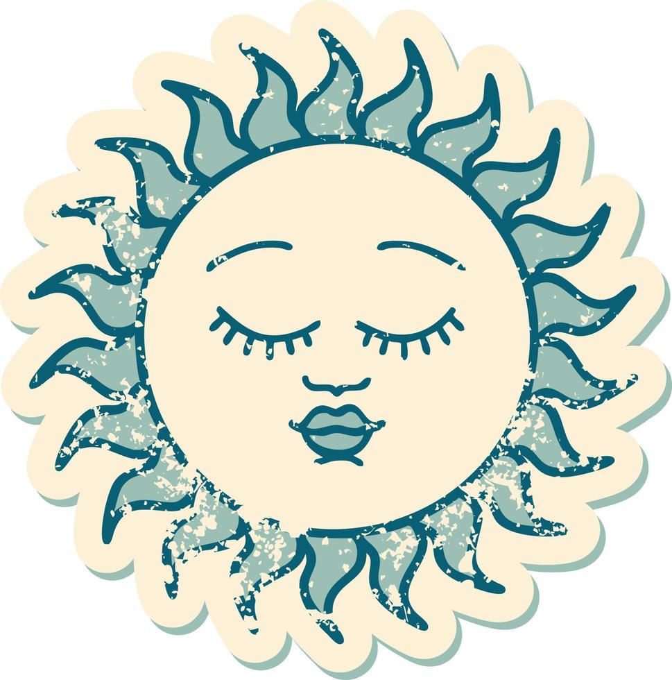 imagem icônica do estilo de tatuagem de adesivo angustiado de um sol com rosto vetor