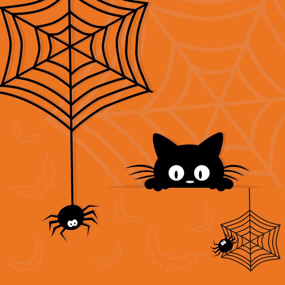 cartão postal de feliz dia das bruxas. lindo gatinho preto com medo de uma aranha. estilo cartoon e estilo de corte de papel. vetor