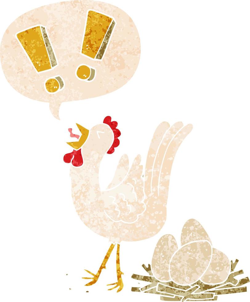 galinha dos desenhos animados pondo ovo e bolha de fala em estilo retrô-texturizado vetor