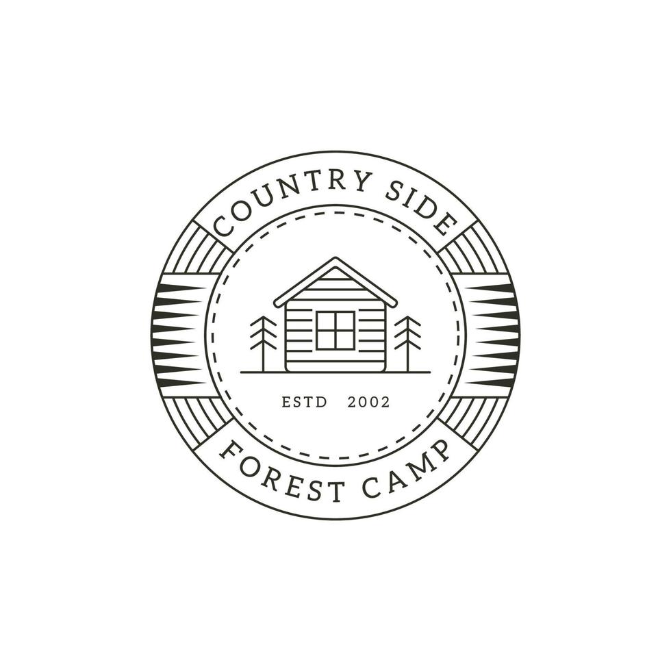 vetor de distintivo de logotipo de acampamento de floresta de campo de arte de linha minimalista, ilustrações vetoriais de construção tradicional