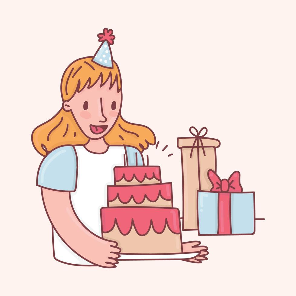 menina com um bolo de aniversário e presentes vetor