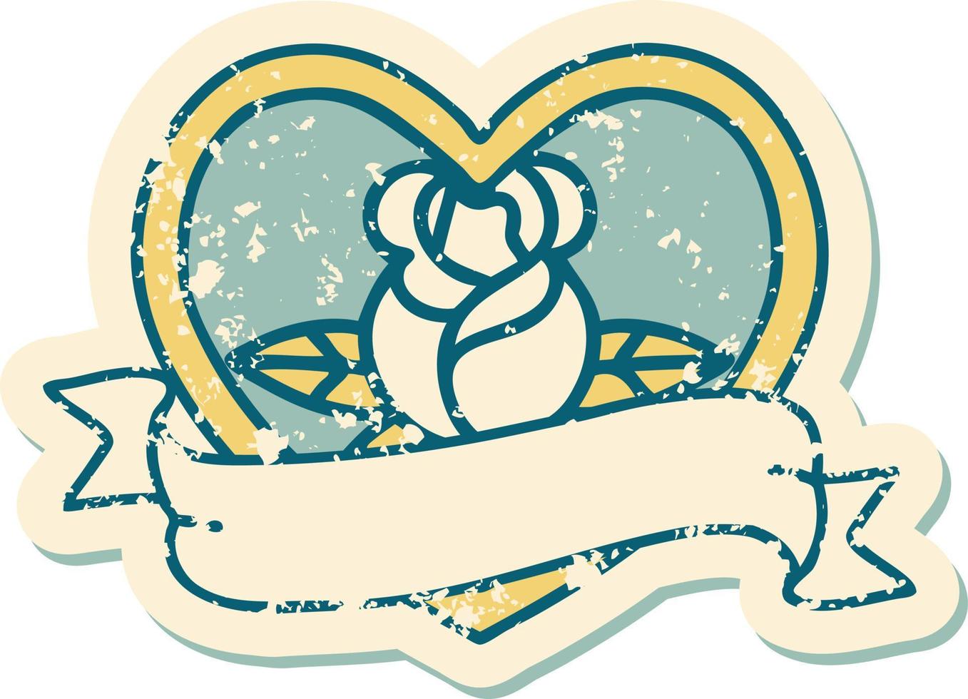 imagem icônica do estilo de tatuagem de adesivo angustiado de uma rosa de coração e banner vetor