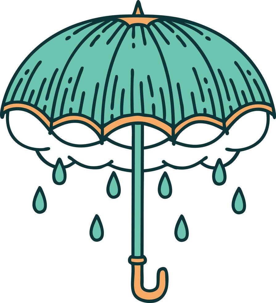 imagem de estilo de tatuagem icônica de um guarda-chuva e nuvem de tempestade vetor