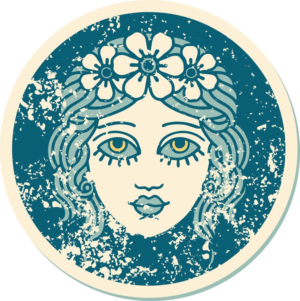 imagem icônica do estilo de tatuagem de adesivo angustiado do rosto feminino com coroa de flores vetor