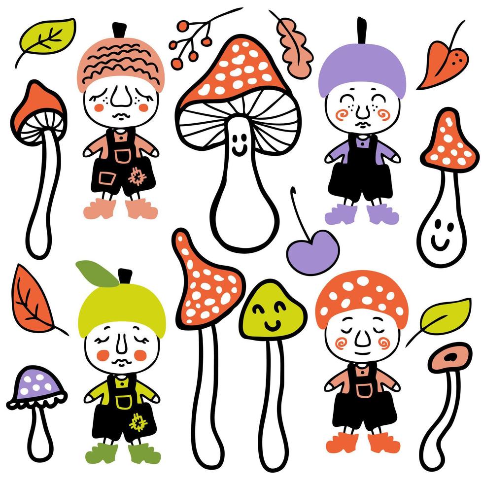 gnomos de frutas e cogumelos doodle coleção de clipart. vetor