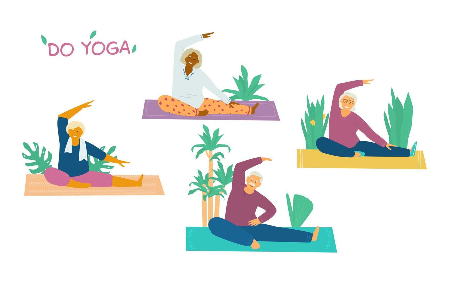 ilustração em vetor plana de classe de ioga de grupo de idosos. diferentes raças, idosos, estendendo-se em tapetes de ioga cercados de plantas. aposentadoria ativa e saudável.