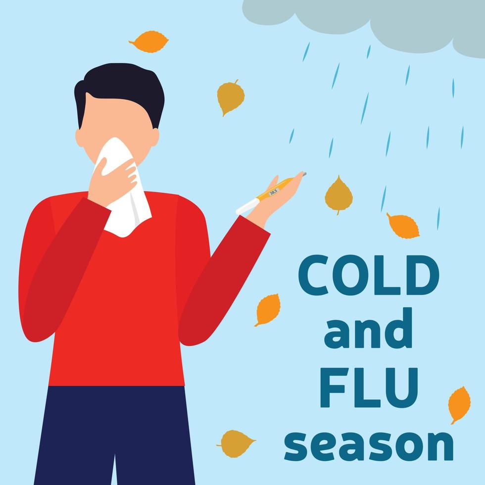 homem de temporada de resfriado e gripe com folhas de outono de guardanapo e chuva. ilustração vetorial vetor