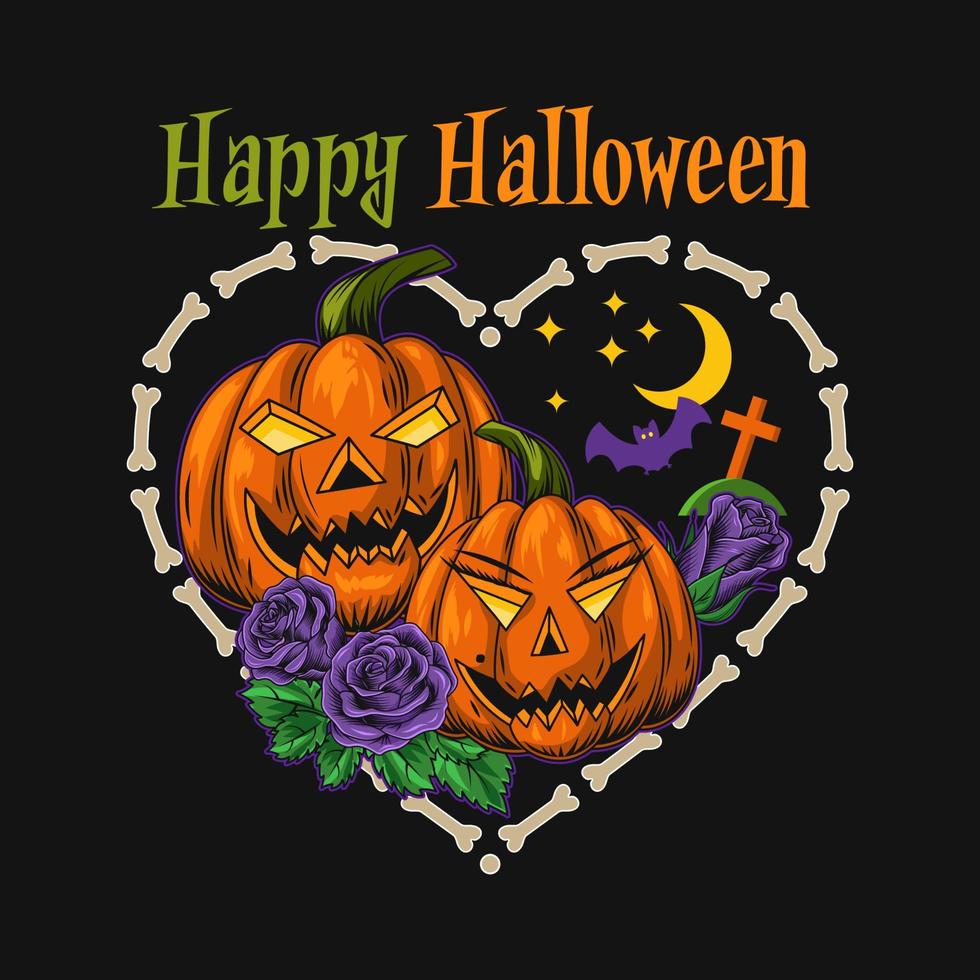 emblema romântico engraçado de halloween com cabeças de abóbora estilizadas como rostos humanos masculinos e femininos. texto feliz dia das bruxas. moldura em forma de coração feita de ossos. ilustração vetorial isolada em um fundo escuro vetor