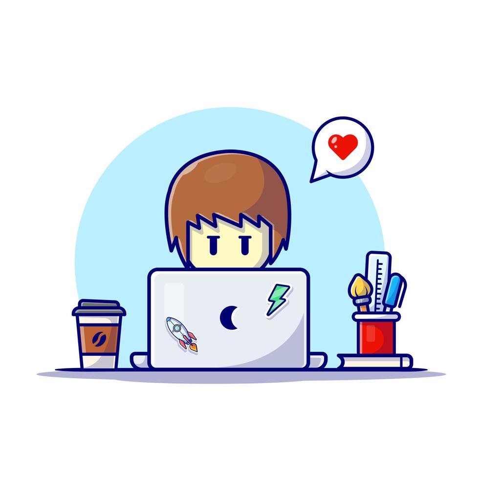 laptop operacional masculino com ilustração de ícone de vetor dos desenhos animados de café. pessoas tecnologia ícone conceito isolado vetor premium. estilo de desenho animado plano