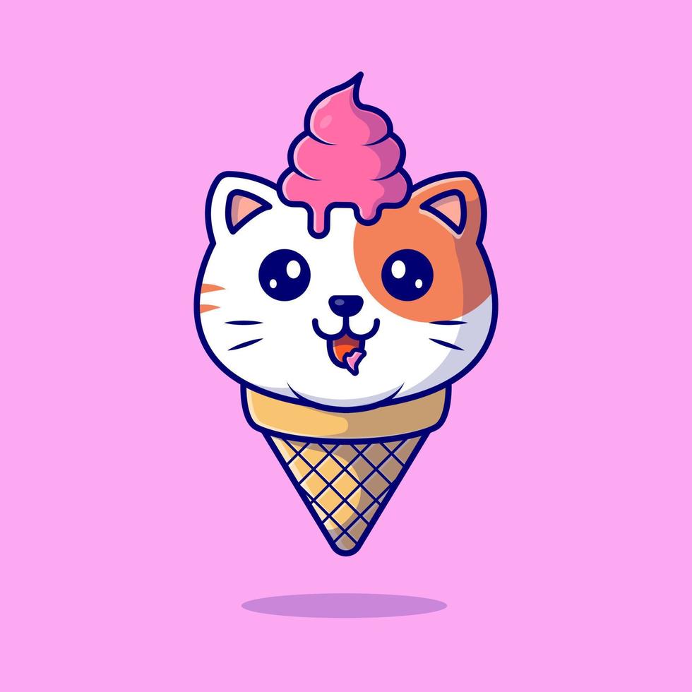 ilustração de ícone de vetor de desenho animado de cone de sorvete de gato bonito. conceito de ícone de comida animal isolado vetor premium. estilo de desenho animado plano