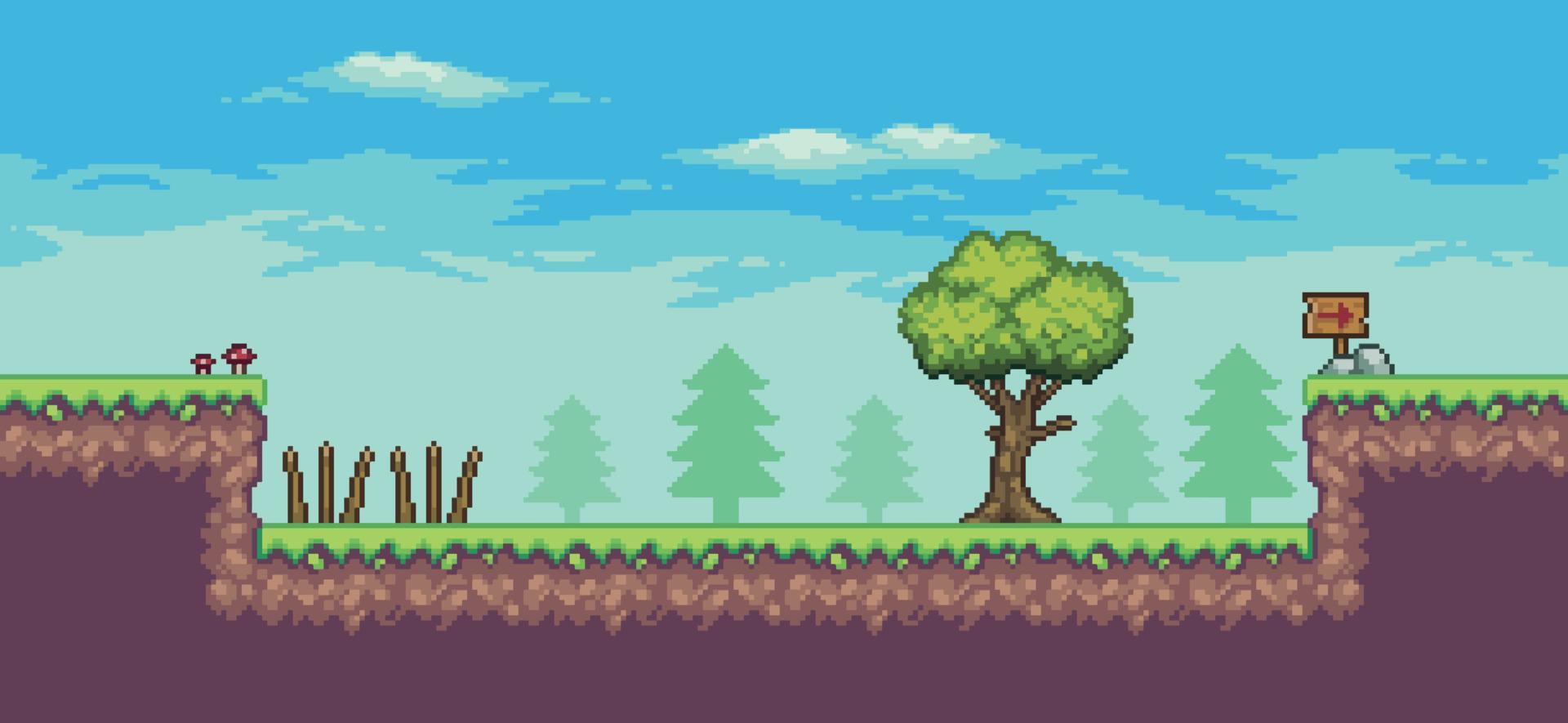 cena de jogo de arcade pixel art com árvores, tábua de madeira, armadilha e nuvens de fundo vetorial de 8 bits vetor