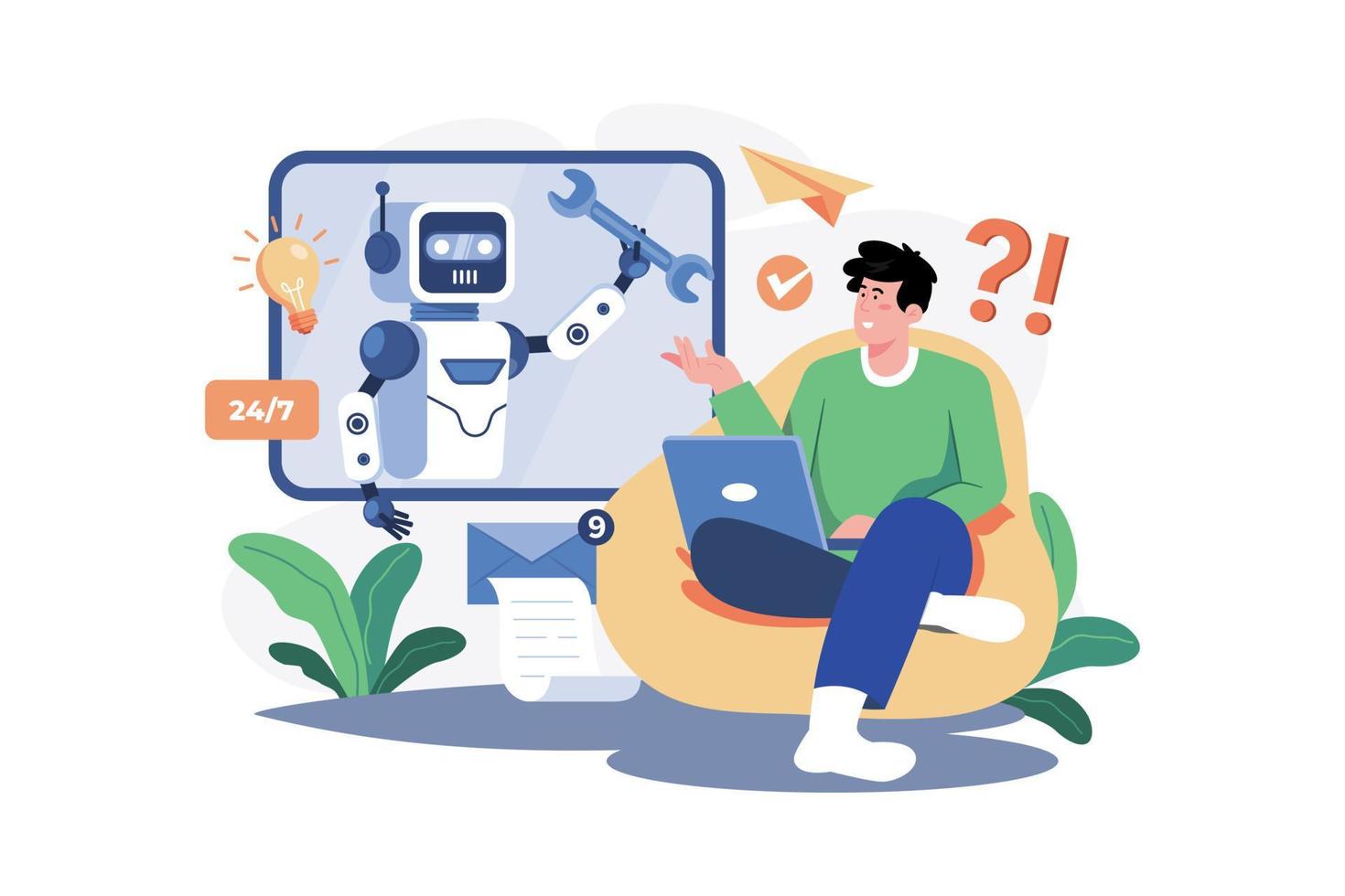 robô chatbot suporta pessoas no escritório. vetor