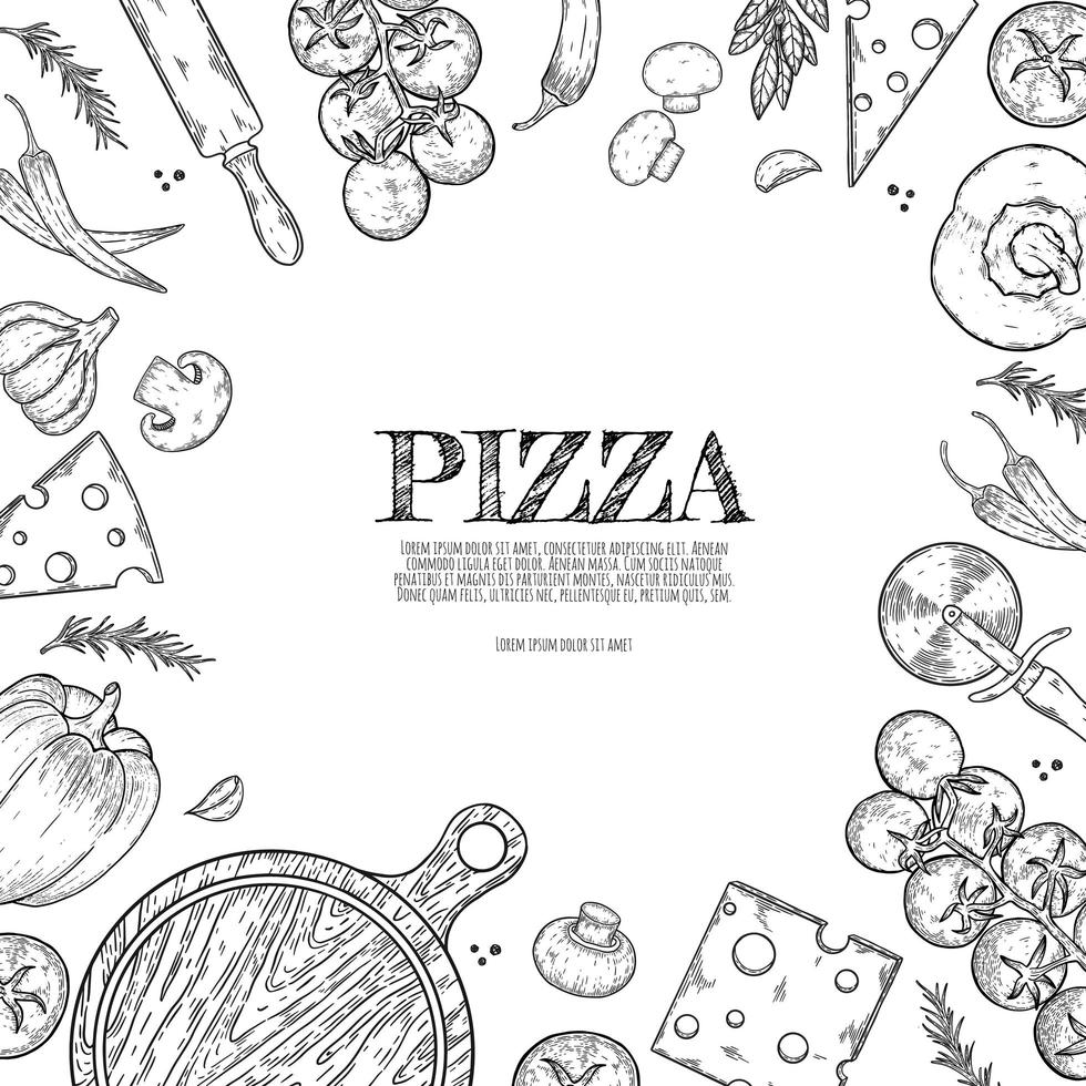 pizza mão desenhada cartoon doodles ilustração. design de objetos e elementos de pizzaria. fundo de arte criativa. fundo de vetor de arte de linha