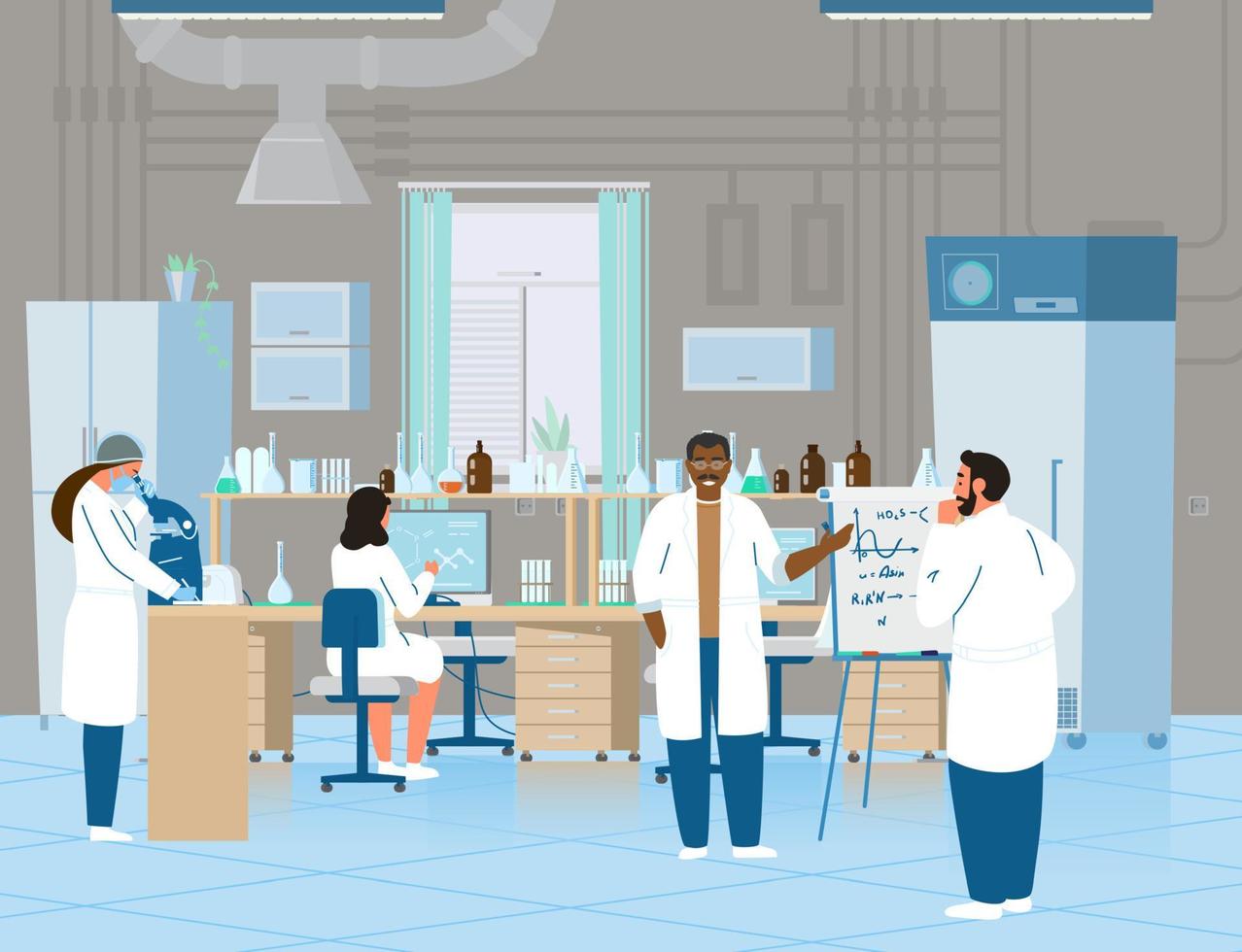 cientistas ou médicos homens e mulheres fazendo pesquisas em laboratório químico. interior do laboratório com equipamentos. ilustração vetorial plana. vetor