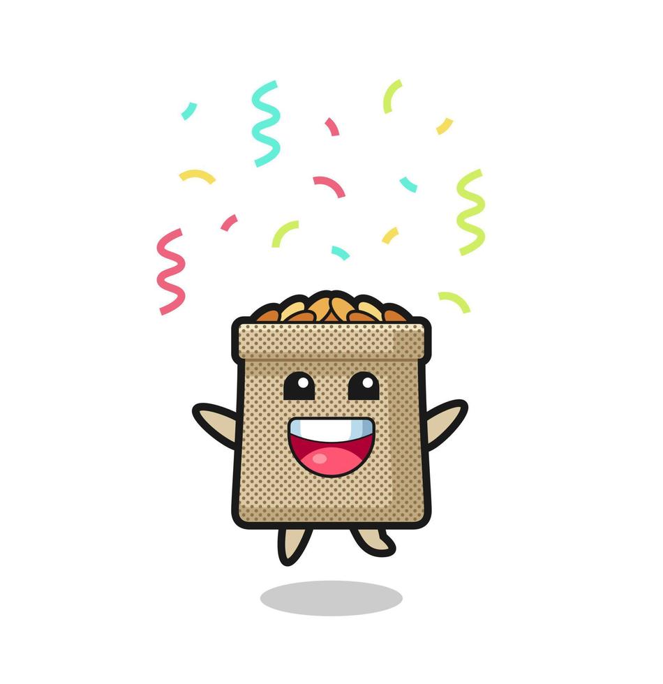 mascote de saco de trigo feliz pulando de parabéns com confete de cor vetor