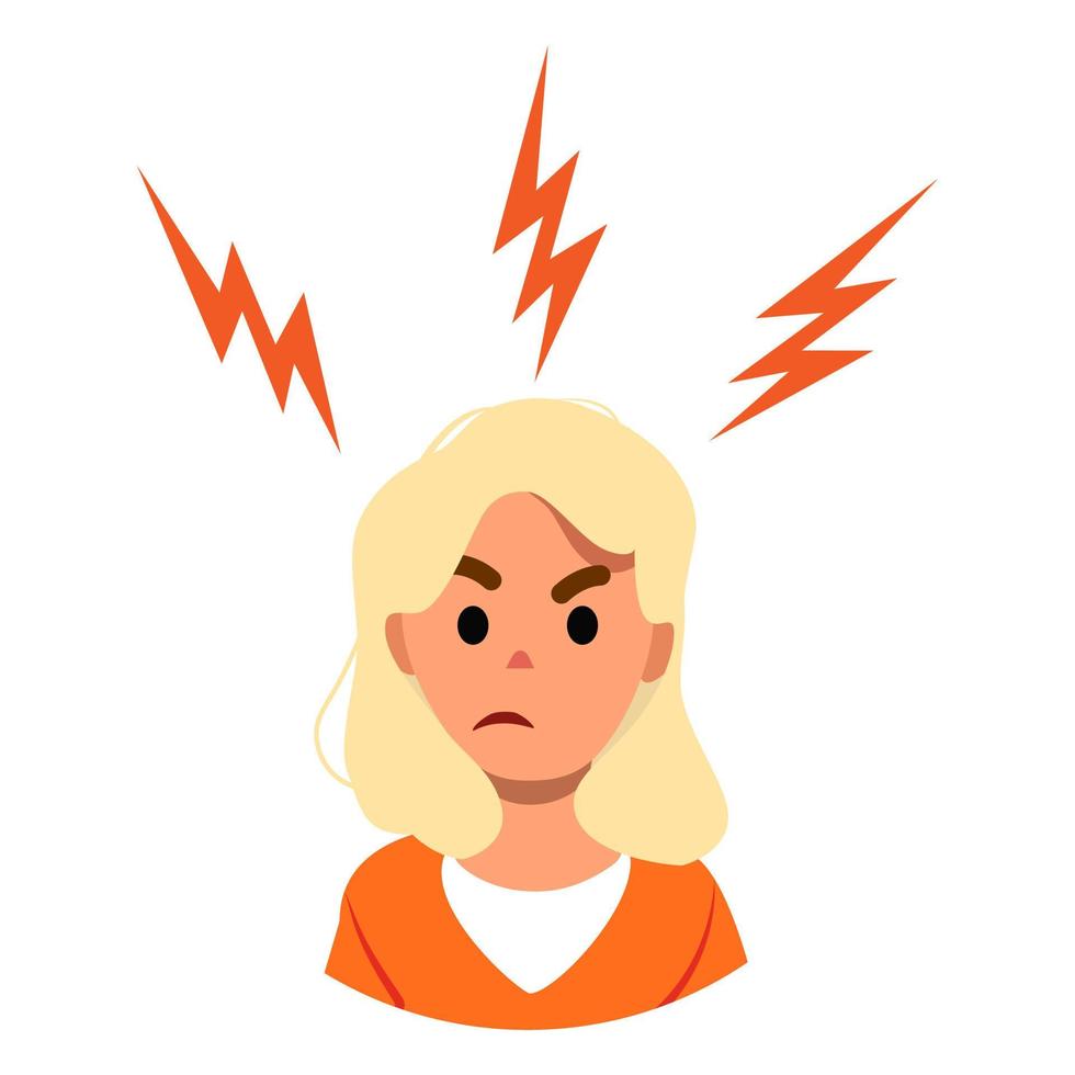 rosto de mulher com raiva com um raio. personagem plana de vetor, conceito de emoções negativas. no avatar de borda isolado no fundo branco. ilustração vetorial de saúde mental. vetor
