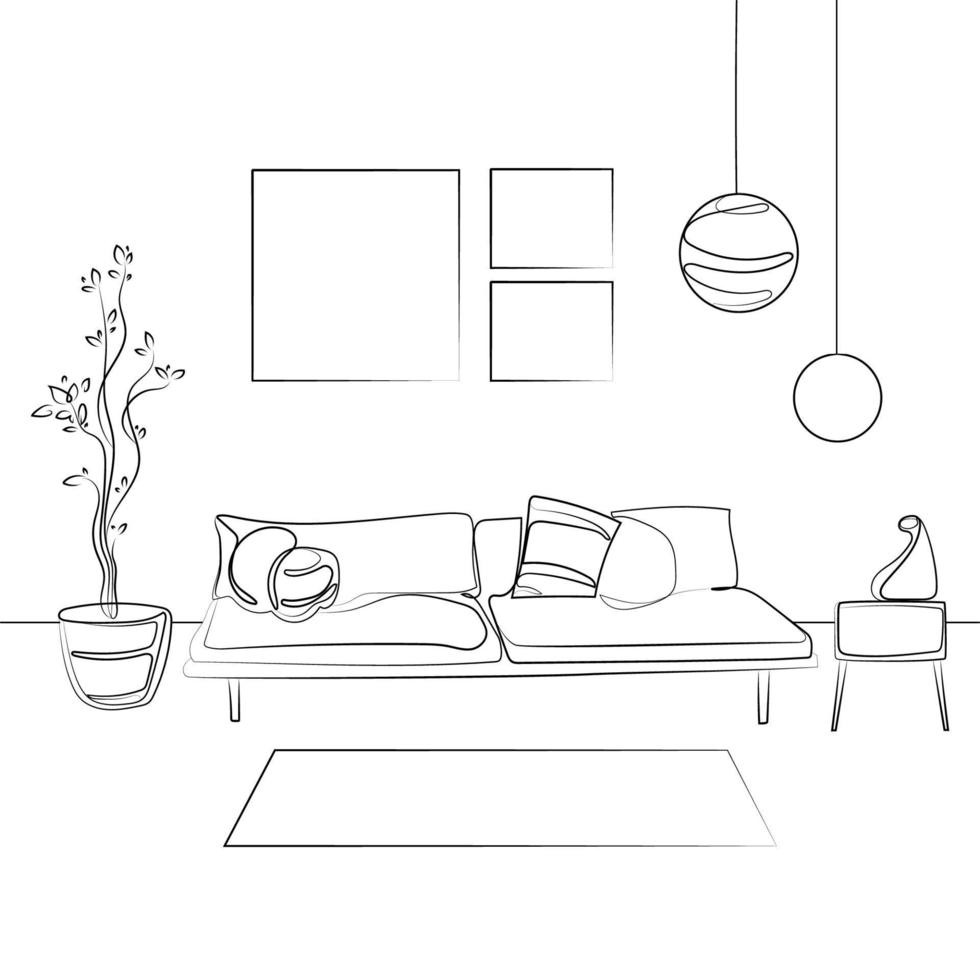 moderna sala de estar interior ilustração vetorial desenho preto e branco ilustração. local de lazer para relaxamento com sofá e almofadas, plantas em vaso, pintura na parede, desenho de linha vetor